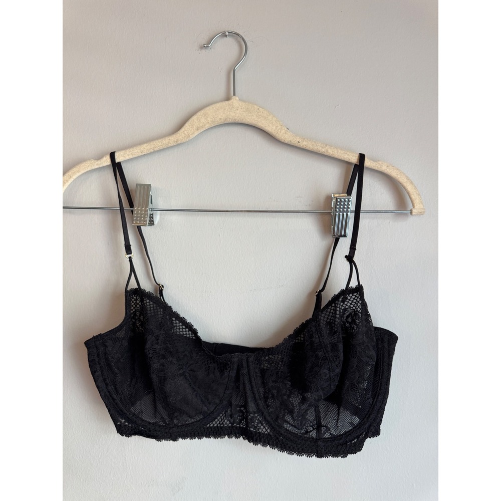 Intimately Free People Black Lace Underwire Bra 34DD Unlined Balconette Mesh